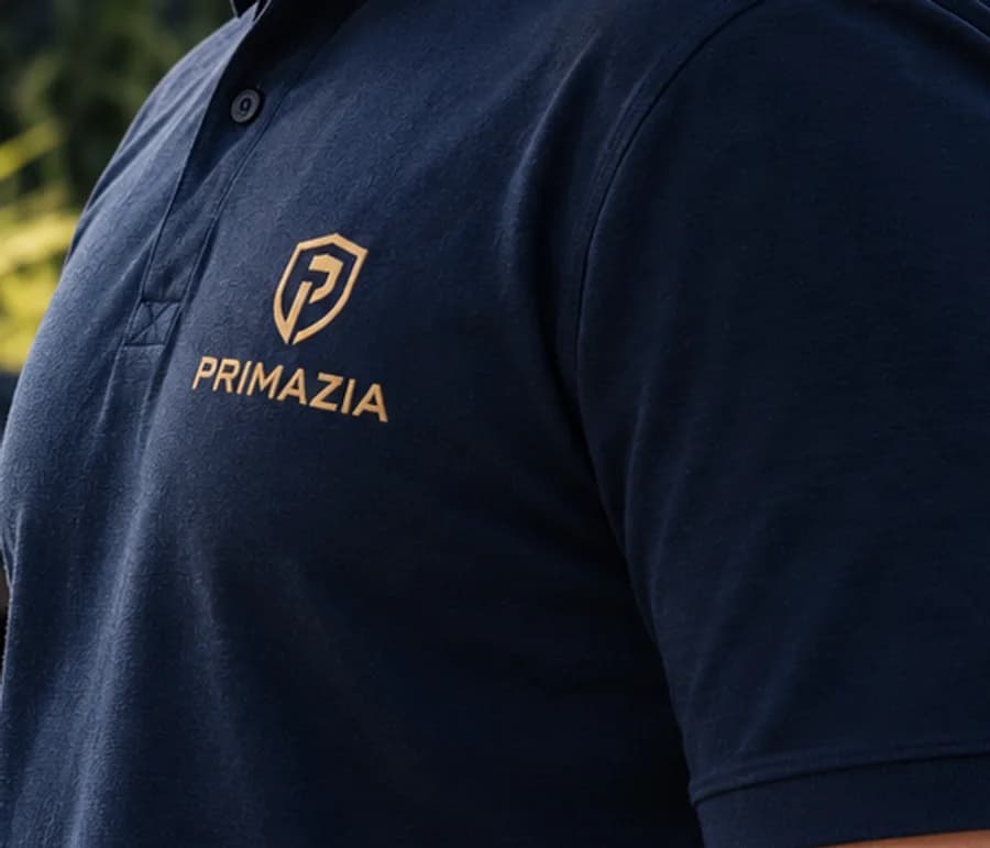 Detalhe do uniforme da Primazia Tecnologia, com o escudo bordado em dourado